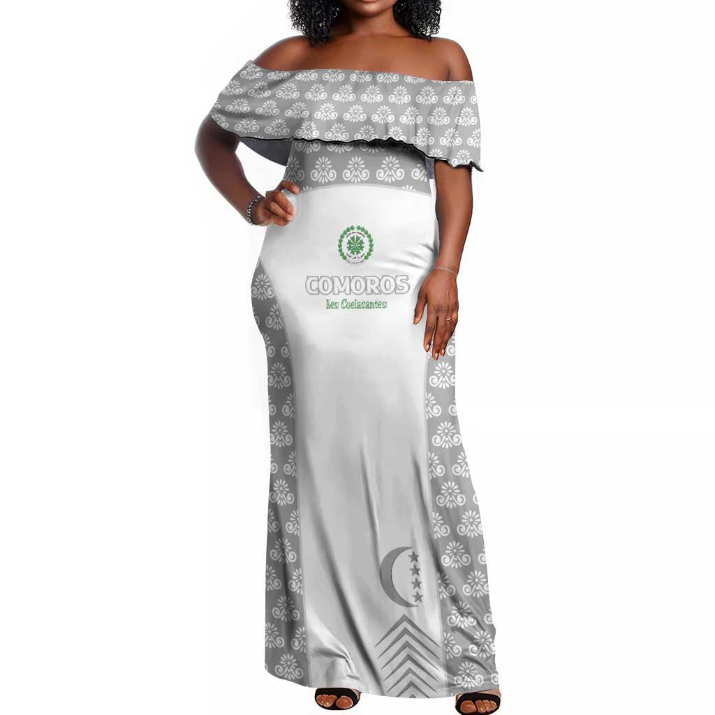 Custom Comoros Football Off Shoulder Maxi Dress Go Champions White Les Coelacantes - African Pride