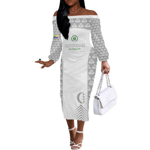 Custom Comoros Football Off The Shoulder Long Sleeve Dress Go Champions White Les Coelacantes - African Pride