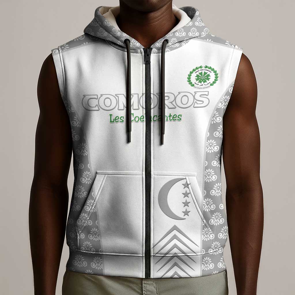 Custom Comoros Football Sleeveless Zip Hoodie Go Champions White Les Coelacantes - African Pride