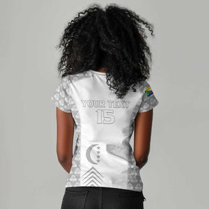 Custom Comoros Football Women V-Neck T-Shirt Go Champions White Les Coelacantes LT15