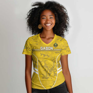 Custom Gabon Football Women V-Neck T-Shirt Go Les Pantheres