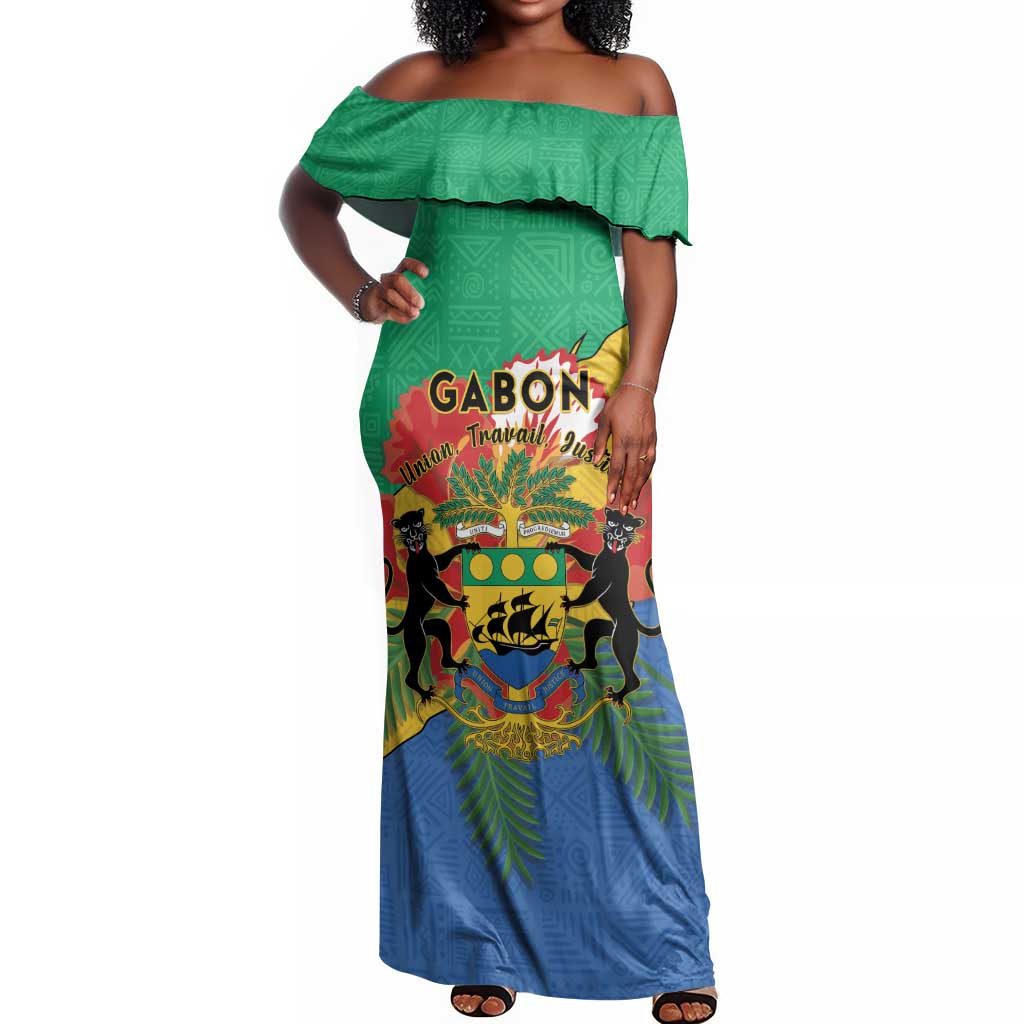 Personalised Afro Gabon Off Shoulder Maxi Dress Gabonese Union Travail and Justice