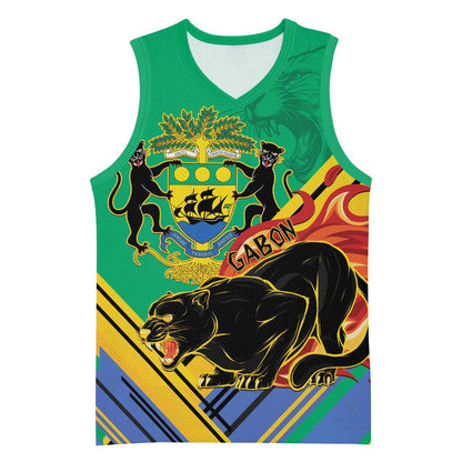 Afro Gabon Basketball Jersey Black Panther With Coat Of Arms - African Pride
