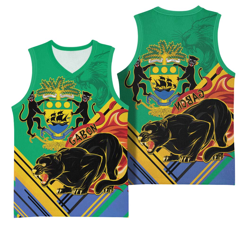 Afro Gabon Basketball Jersey Black Panther With Coat Of Arms - African Pride