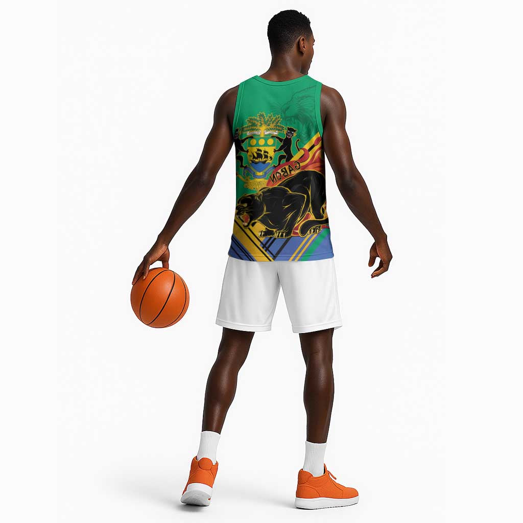 Afro Gabon Basketball Jersey Black Panther With Coat Of Arms - African Pride