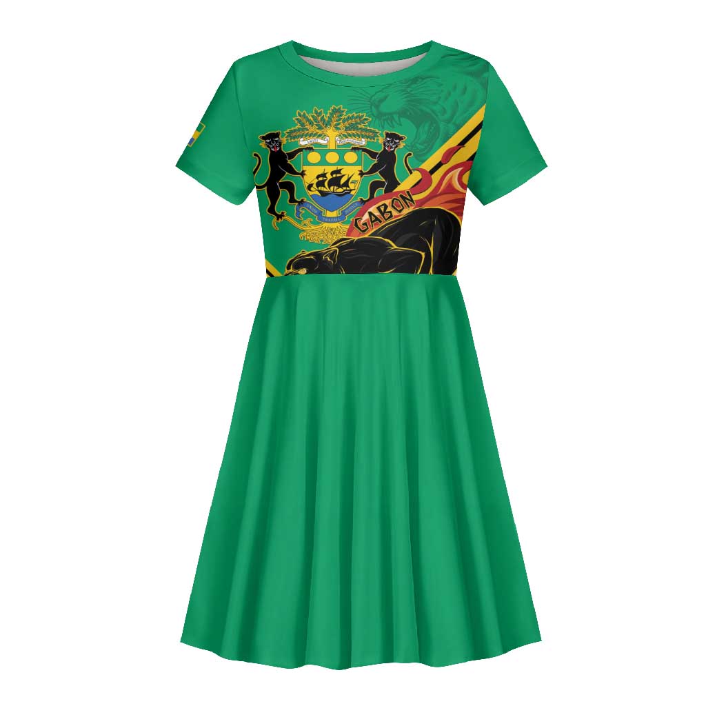 Afro Gabon Kid Short Sleeve Dress Black Panther With Coat Of Arms