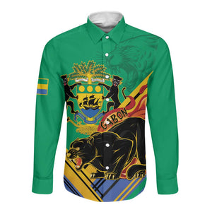 Afro Gabon Long Sleeve Button Shirt Black Panther With Coat Of Arms