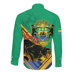Afro Gabon Long Sleeve Button Shirt Black Panther With Coat Of Arms