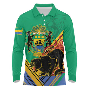 Afro Gabon Long Sleeve Polo Shirt Black Panther With Coat Of Arms