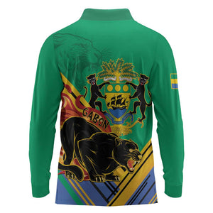 Afro Gabon Long Sleeve Polo Shirt Black Panther With Coat Of Arms