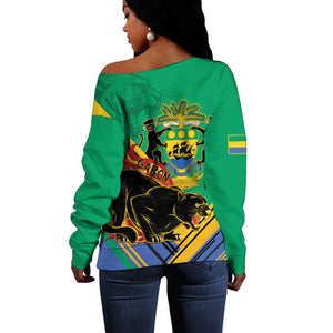 Afro Gabon Off Shoulder Sweater Black Panther With Coat Of Arms