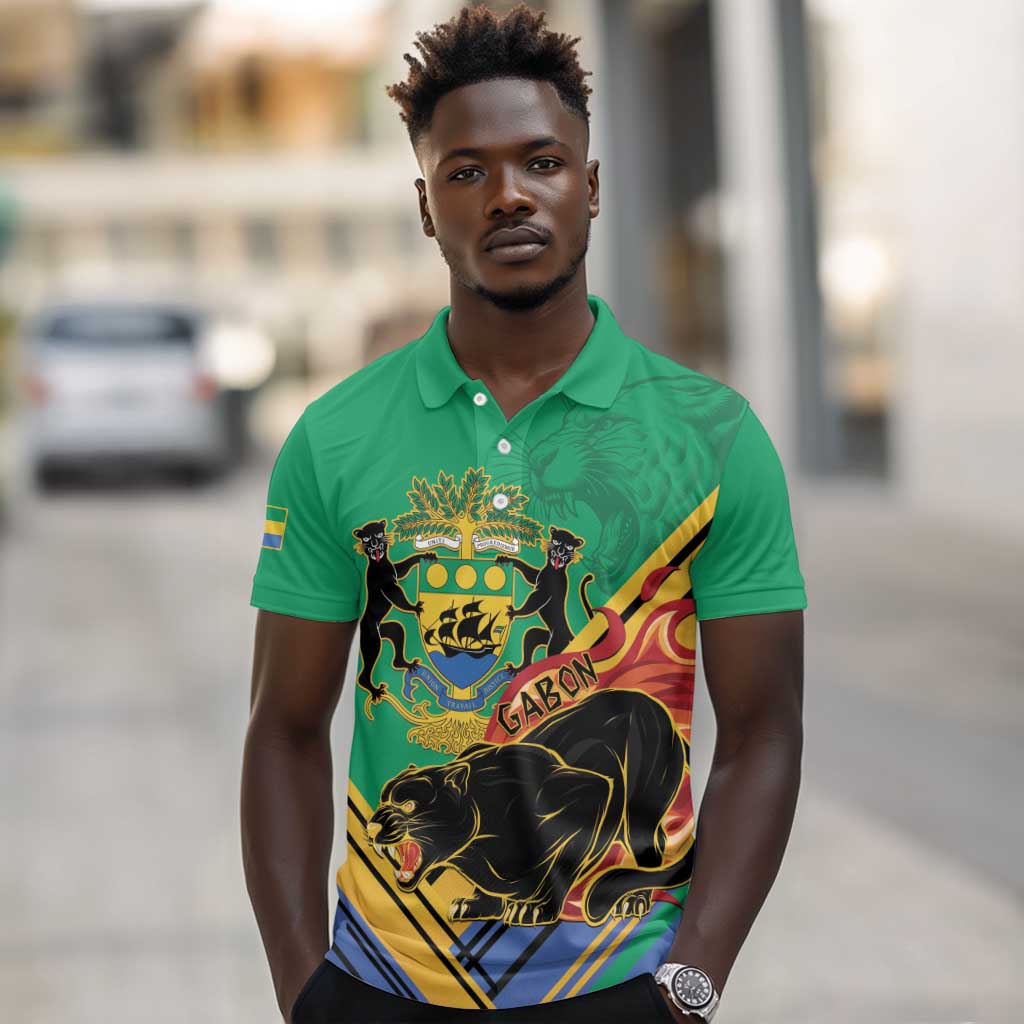 Afro Gabon Polo Shirt Black Panther With Coat Of Arms