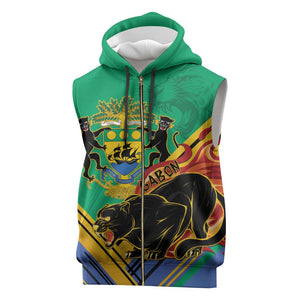 Afro Gabon Sleeveless Zip Hoodie Black Panther With Coat Of Arms - African Pride