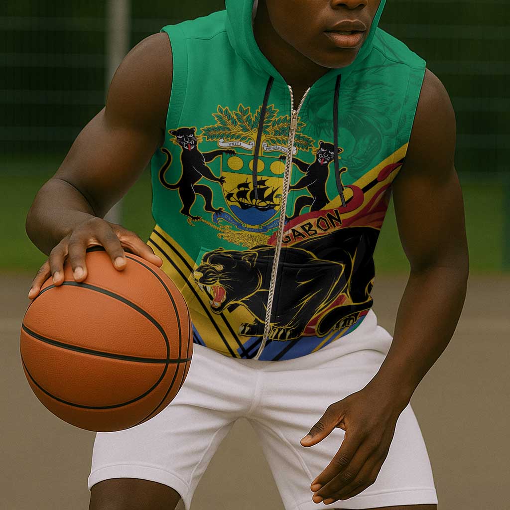 Afro Gabon Sleeveless Zip Hoodie Black Panther With Coat Of Arms - African Pride