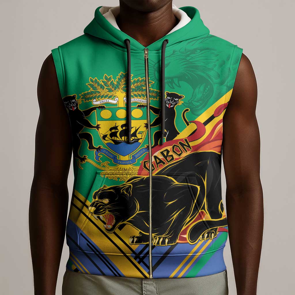 Afro Gabon Sleeveless Zip Hoodie Black Panther With Coat Of Arms - African Pride