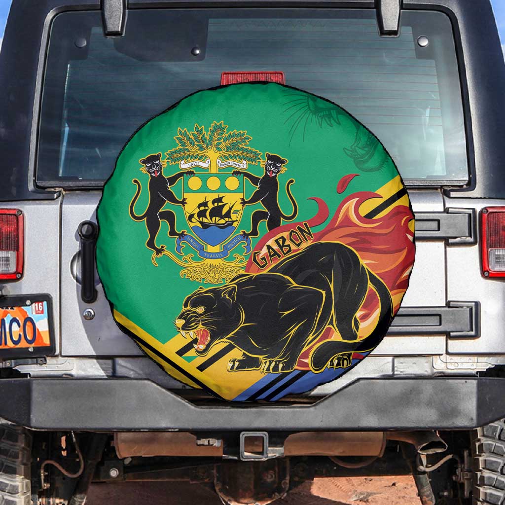 Afro Gabon Spare Tire Cover Black Panther With Coat Of Arms