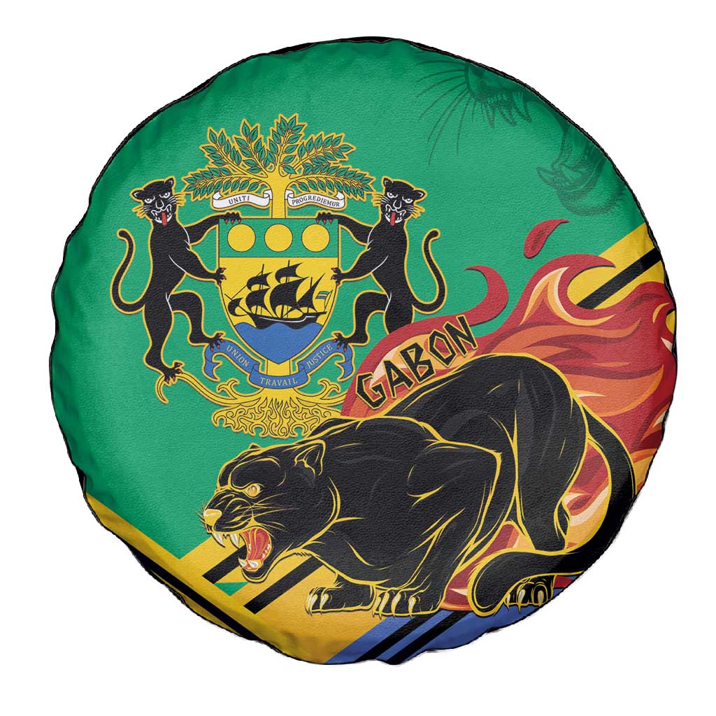 Afro Gabon Spare Tire Cover Black Panther With Coat Of Arms