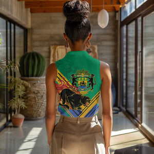 Afro Gabon Women Sleeveless Polo Shirt Black Panther With Coat Of Arms