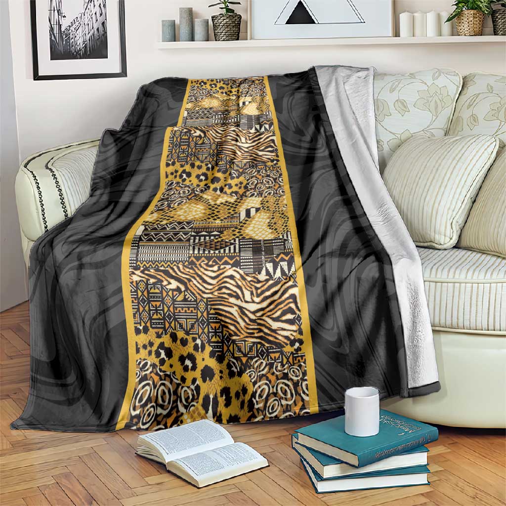 African Tribal Heritage Blanket Black Gold Pattern