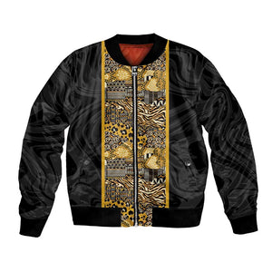 African Tribal Heritage Bomber Jacket Black Gold Pattern