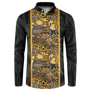 African Tribal Heritage Button Sweatshirt Black Gold Pattern
