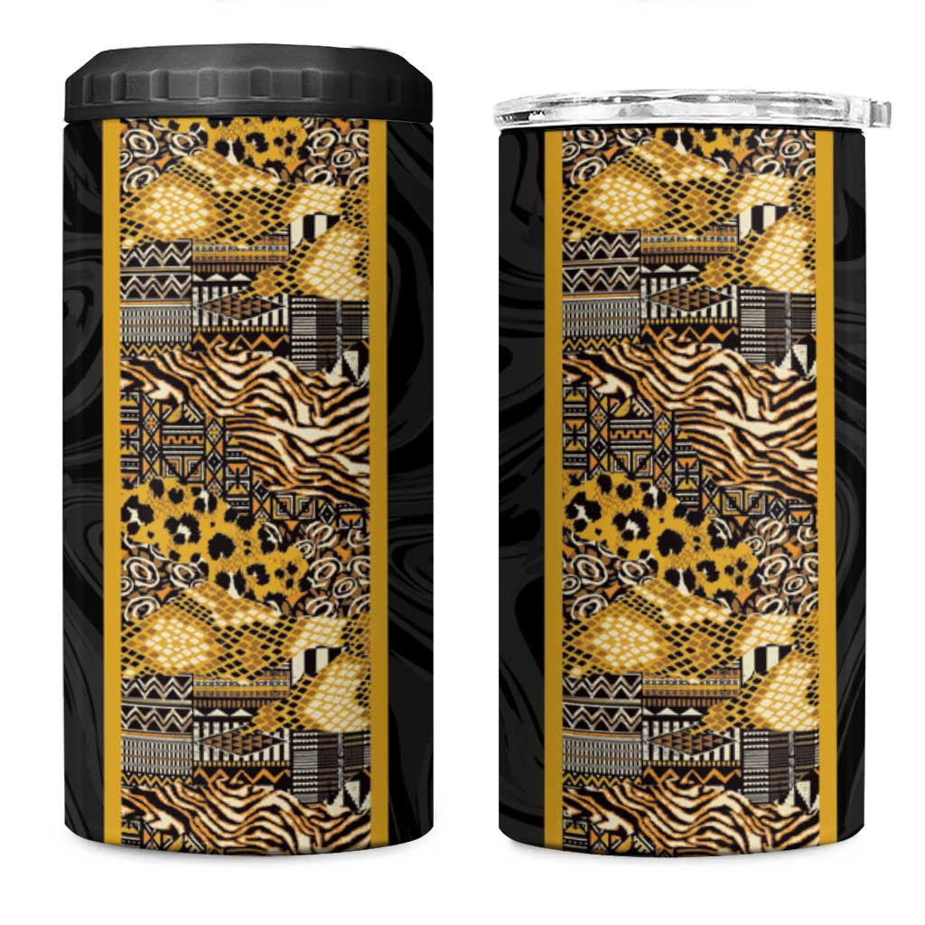 African Tribal Heritage 4 in 1 Can Cooler Tumbler Black Gold Pattern