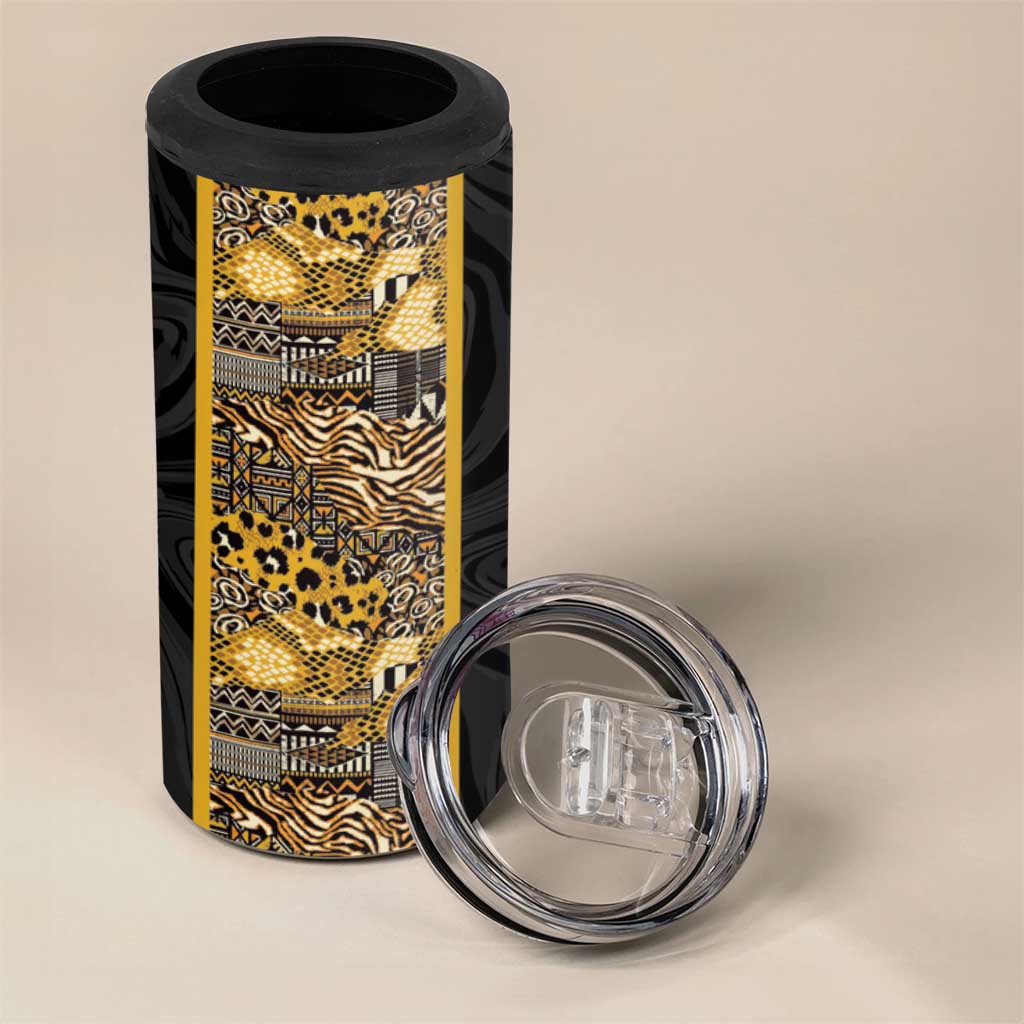 African Tribal Heritage 4 in 1 Can Cooler Tumbler Black Gold Pattern