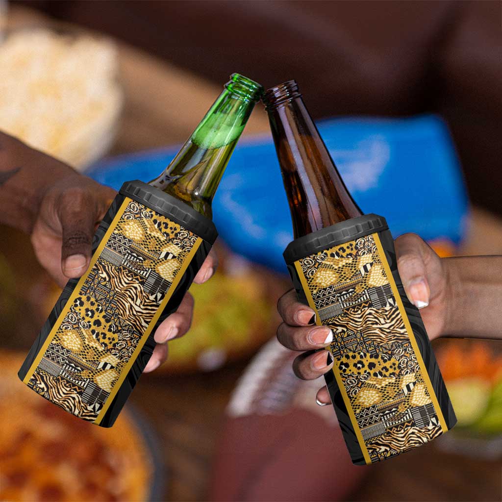 African Tribal Heritage 4 in 1 Can Cooler Tumbler Black Gold Pattern