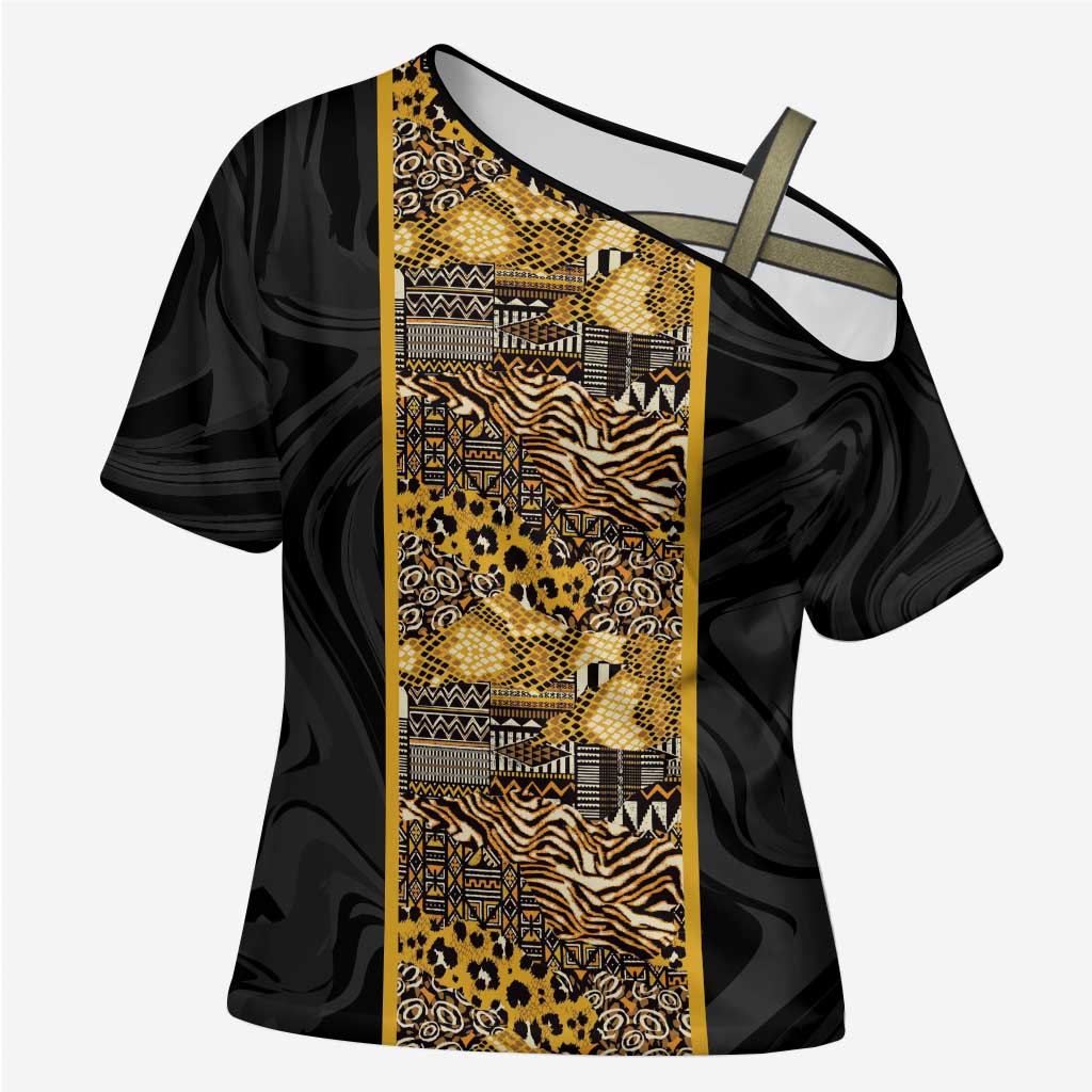 African Tribal Heritage Cross Shoulder Shirt Black Gold Pattern