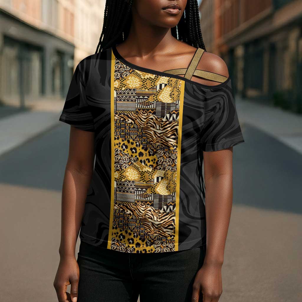 African Tribal Heritage Cross Shoulder Shirt Black Gold Pattern