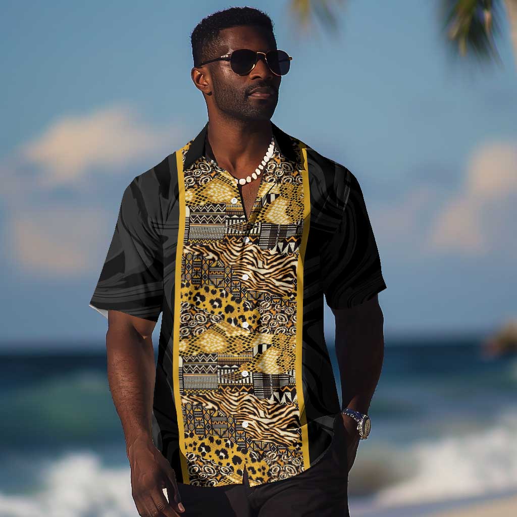 African Tribal Heritage Hawaiian Shirt Black Gold Pattern