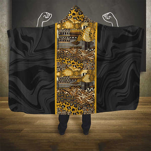 African Tribal Heritage Hooded Blanket Black Gold Pattern