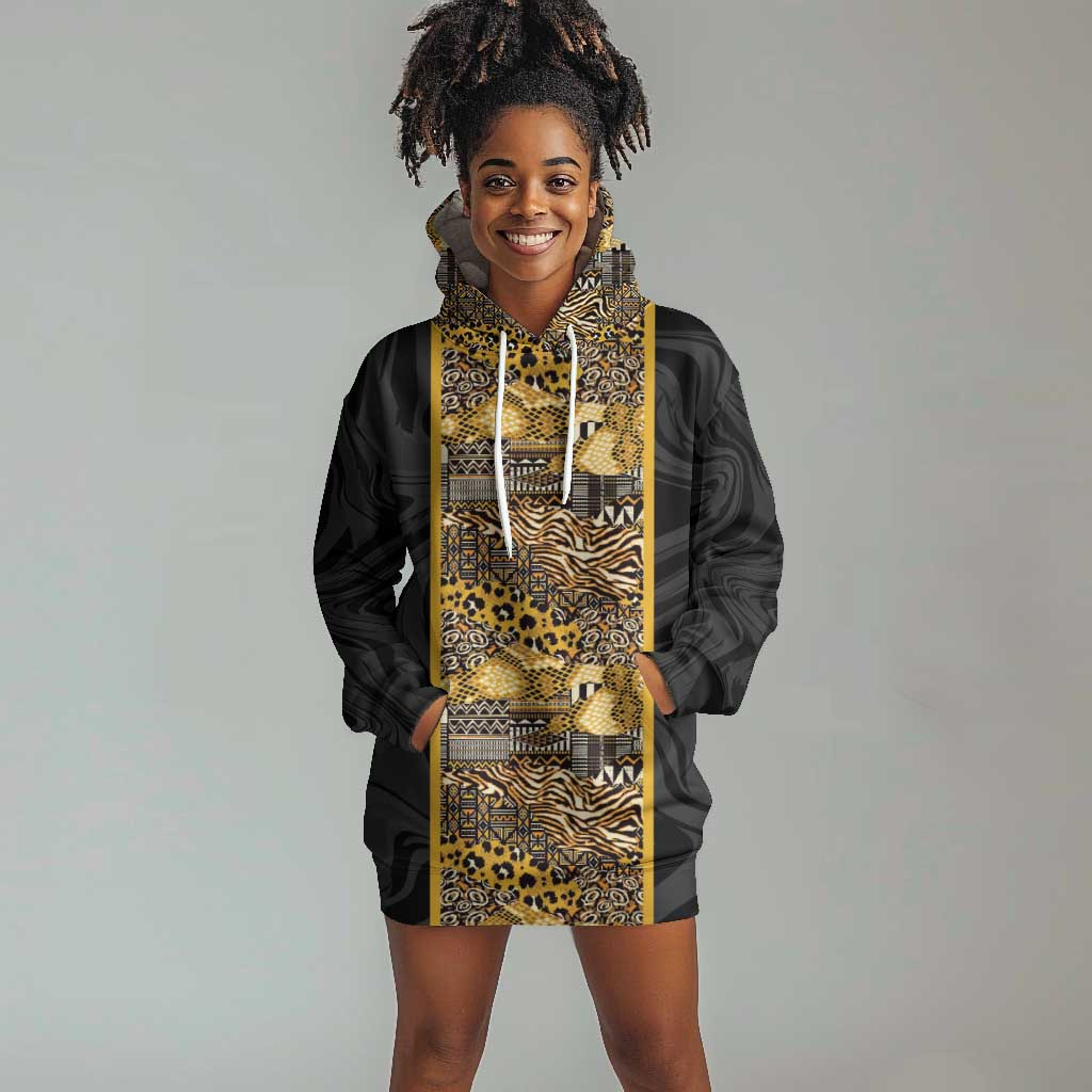 African Tribal Heritage Hoodie Dress Black Gold Pattern