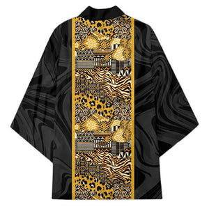 African Tribal Heritage Kimono Black Gold Pattern