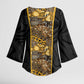 African Tribal Heritage Kimono Sleeve Blouse Black Gold Pattern