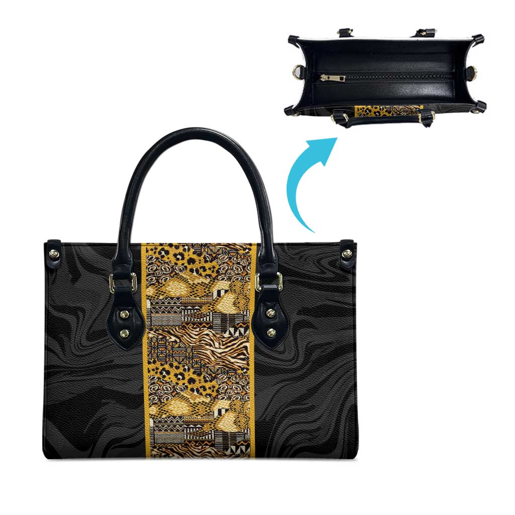 African Tribal Heritage Leather Bag Black Gold Pattern