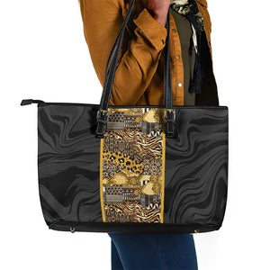 African Tribal Heritage Leather Tote Bag Black Gold Pattern