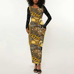 African Tribal Heritage Long Sleeve Bodycon Dress Black Gold Pattern