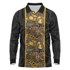 African Tribal Heritage Long Sleeve Polo Shirt Black Gold Pattern