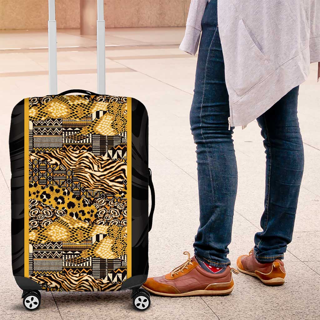 African Tribal Heritage Luggage Cover Black Gold Pattern
