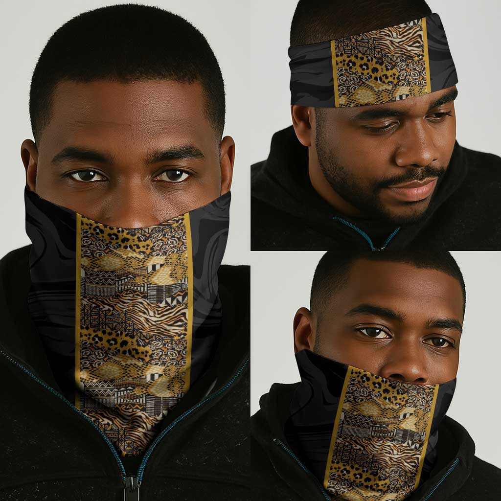 African Tribal Heritage Neck Gaiter Black Gold Pattern
