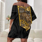 African Tribal Heritage Off Shoulder Short Dress Black Gold Pattern