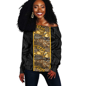 African Tribal Heritage Off Shoulder Sweater Black Gold Pattern