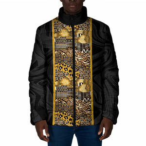 African Tribal Heritage Padded Jacket Black Gold Pattern