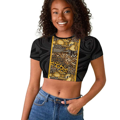 African Tribal Heritage Raglan Cropped T shirt Black Gold Pattern