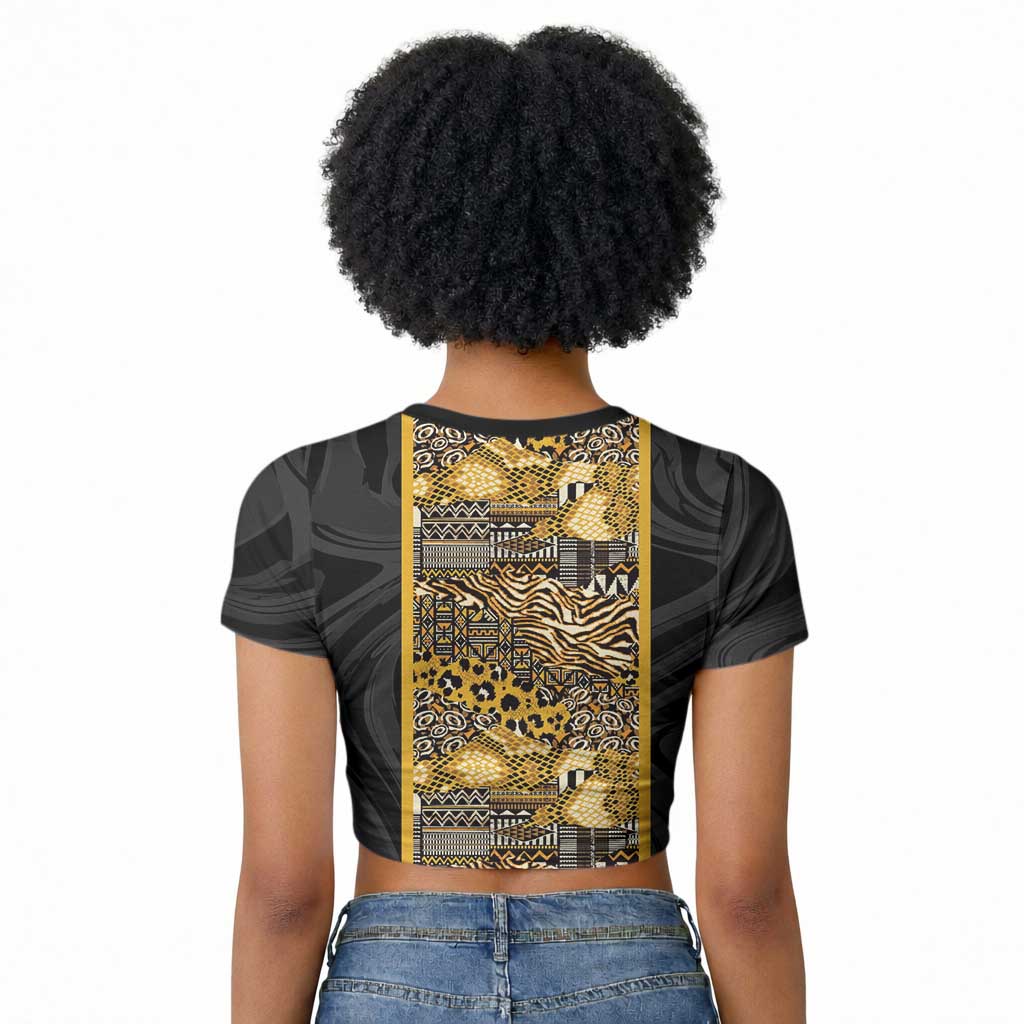 African Tribal Heritage Raglan Cropped T shirt Black Gold Pattern