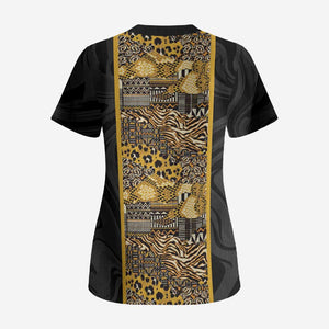 African Tribal Heritage Scrub Top Black Gold Pattern