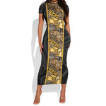 African Tribal Heritage Short Sleeve Bodycon Dress Black Gold Pattern
