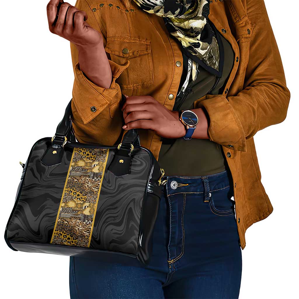 African Tribal Heritage Shoulder Handbag Black Gold Pattern