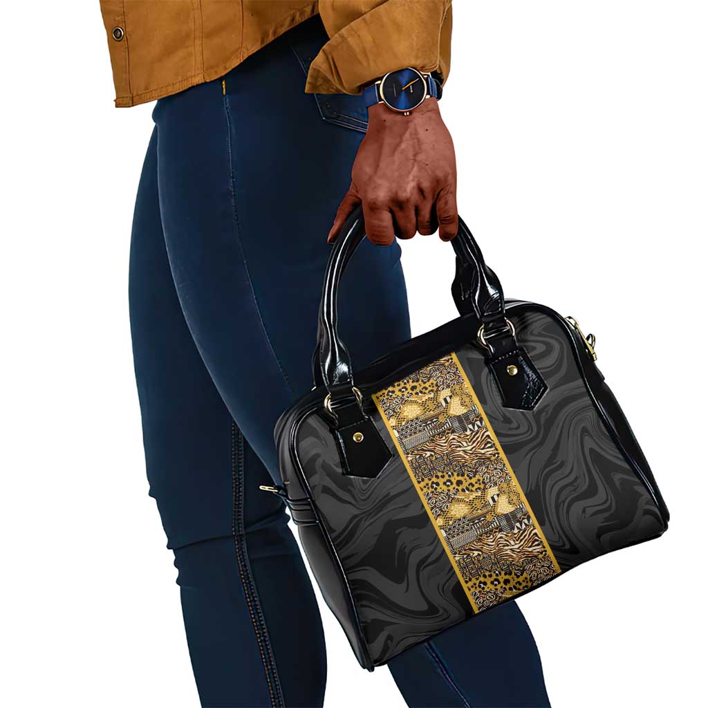 African Tribal Heritage Shoulder Handbag Black Gold Pattern